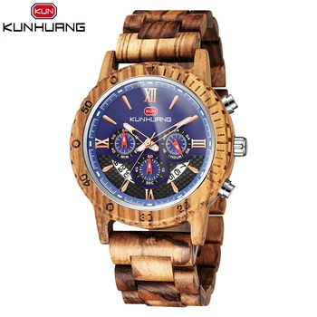 

KUNHUANG Brand Wood Watch Men Chronograph Military Quartz Watches Luxury Fashion Wooden Clock reloj hombre relogio masculino