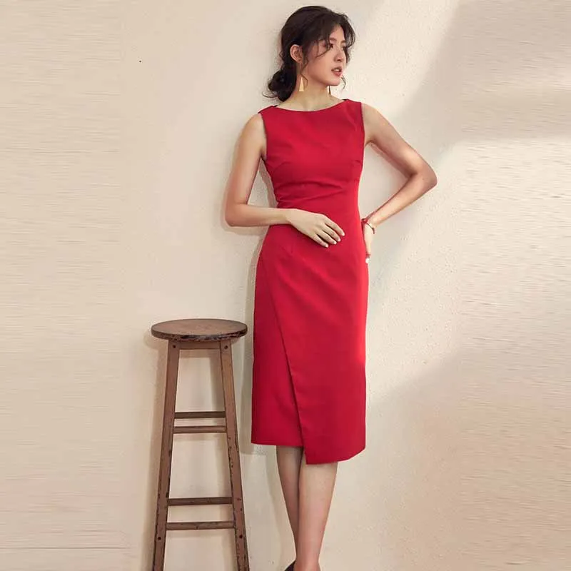 

Ozhouzhan 2019 Sleeveless Red Dress Dress Women's Spring And Summer New Style Medium-length Slim Fit Ol Step Wrapped Skirt