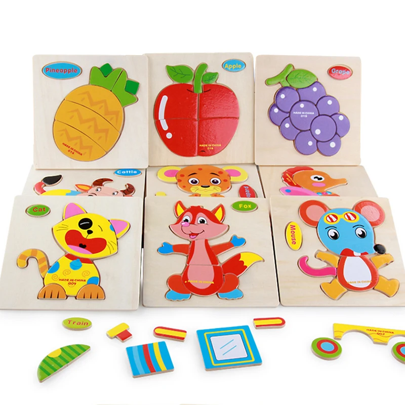 Baby Toys Wooden Puzzle Cute Cartoon Animal Intelligence Kids Educational Brain Teaser Children Tangram Shapes Jigsaw Gifts