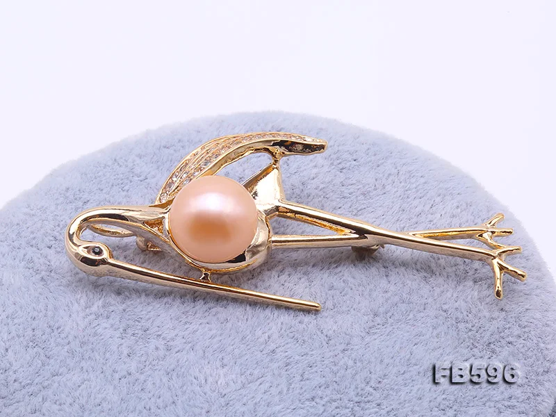 JYX New Crane Design Pearl Brooch 11.5mm pink natural freshwater pearls pins shinning zircon rosa elegant gift