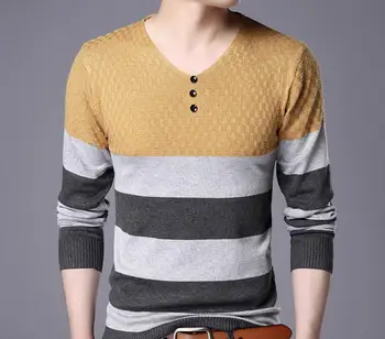 

2020 top quality Autumn Spring Men V-neck Striped cotton T-shirt