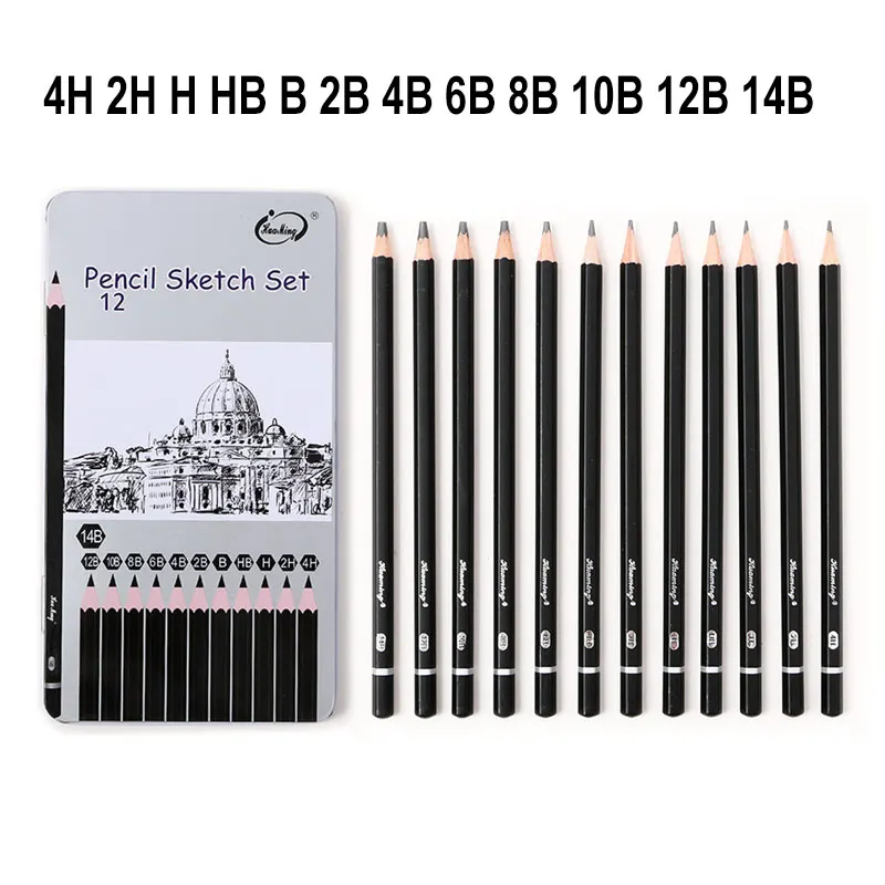 12Pcs 4H-14B Sketch Drawing Pencil 4H 2H H HB B 2B 4B 6B 8B 10B 12B 14B Hard/Medium/Soft Graphite Wooden Art Pencil + Metal Box 6pcs box 5 6mm charcoal graphite pencil lead soft medium hard hb 2b 4b 6b 8b 14b sketch drawing artist mechanical pencil lead