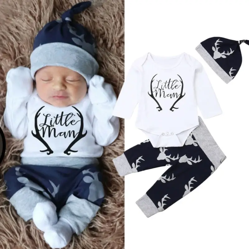 

3pcs Newborn Baby Girls Boys Christmas Clothes Cotton Deer Print Long Sleeve Romper+ Pants +Hat Outfits Clothes Xams Set