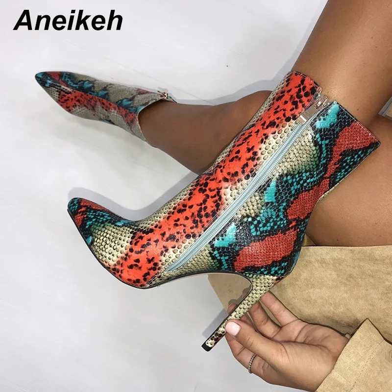 

Aneikeh 2019 Sexy Spring/Autumn Leopard Print Ankle Boots Pointed Toe Women's Boots Clear Thin Heels Shallow Party Black Size 42