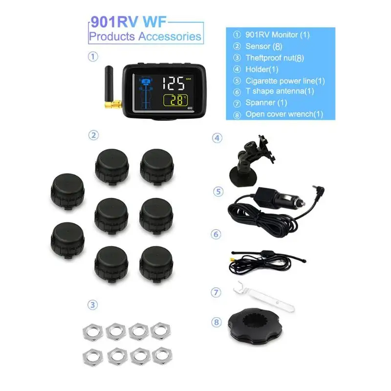 24 В Грузовик TPMS система контроля давления в шинах с 8 внешними датчиками ЖК-беспроводной датчик давления в шинах охранная сигнализация Поддержка 8 колес