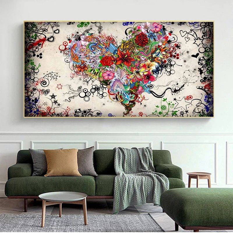 

Hearts Flowers Oil Paintings on Canvas Abstract Wall Art Posters and Print Scandinavian Cuadros for Living Room Bedroom Decor