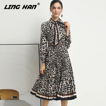 

LINGHAN Designer Women Spring Summer 2020 Vintage Leopard Print Long Sleeve Dress Party Dresses