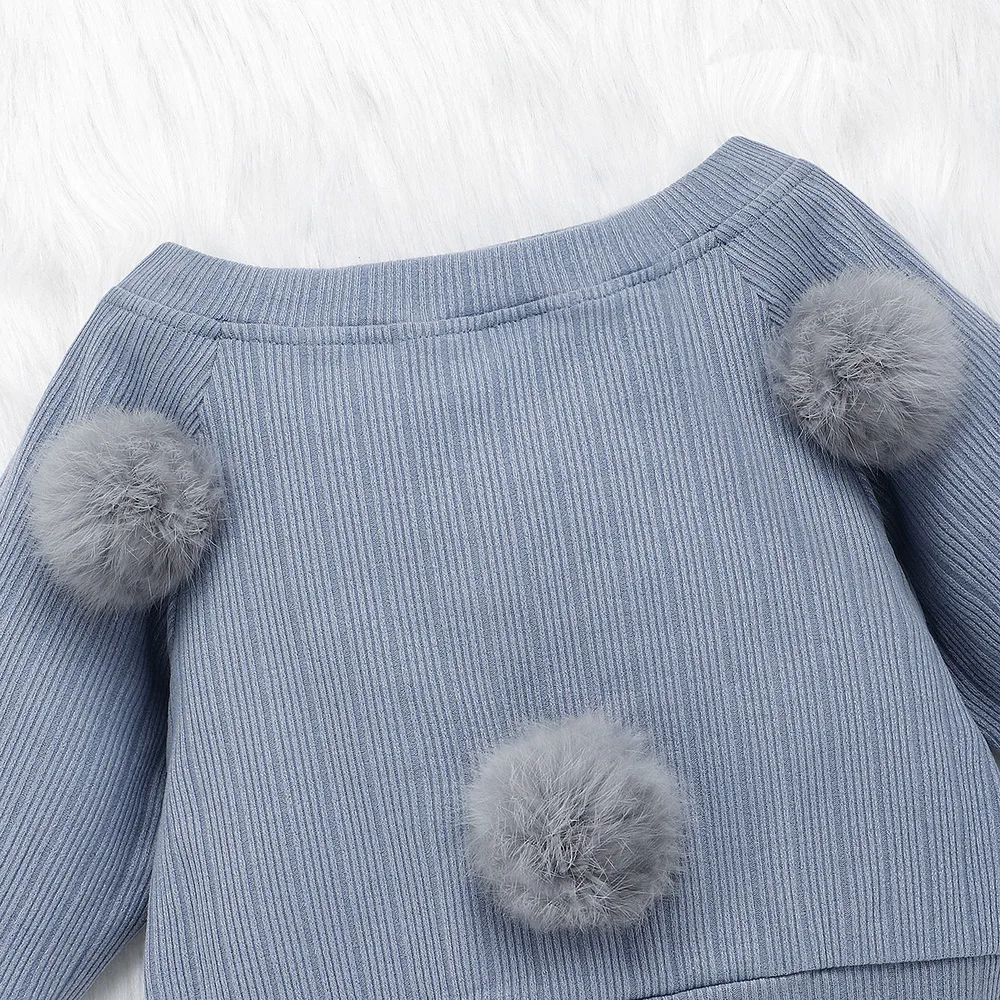 6 Years Girls Clothes Winter Set 2Pcs Pompon Long Sleeve Gray Tops+Black mini skirt 2020 Fashion Kids Clothes For Girls D30