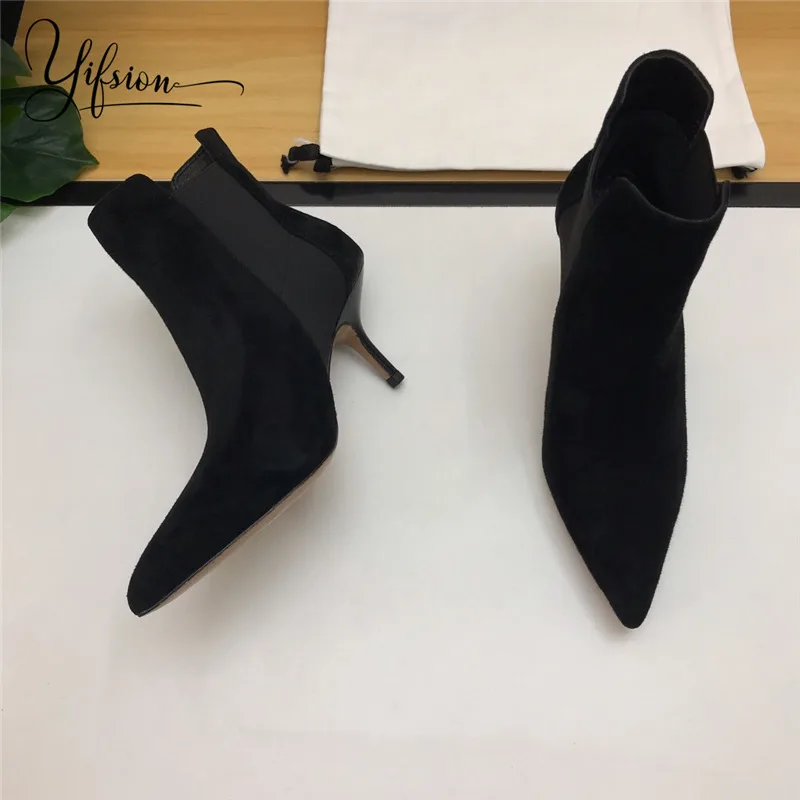 

OLOME New Black Kid Suede Women Boots Pointed Toe Slip On Thin Mid Heel Women Autumn Ankle Boots Shoes Woman