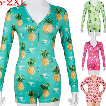 

Women Stretch Button Deep V Neck Bodycon Sexy Long Sleeve Print Sleepwear Style Leotard Playsuit