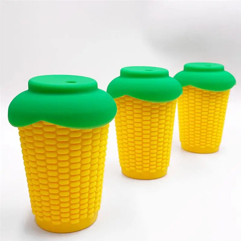 300ml Silicone Straw Cup With Straw Hole Corn Shape Leakproof Creative Drinking Mug For Travel Party