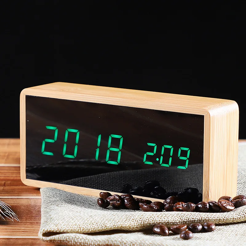 Rectangle Alarm Clock Wooden Electronic Desk Digital LED Bamboo Thermometer Watch Snooze with Humidity | Дом и сад