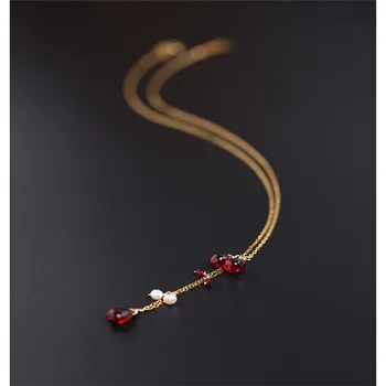 

DAIMI Gypsophila Water Drop Garnet Necklace gemstones Female Genuine 18K Gold Freshwater Pearl Pendant