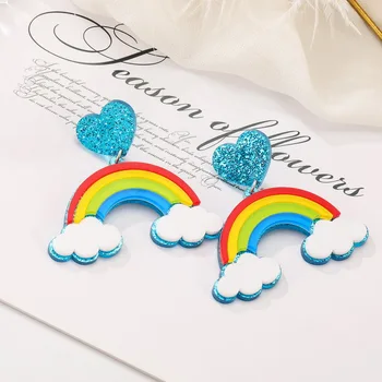 

QIGO Blue Glitter Peach Heart Rainbow Stud Earrings Women Personality Night Club Fashion Acrylic Jewelry