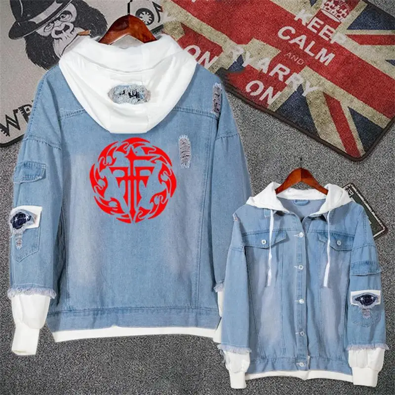 

Anime FFF Group Cosplay Fake two piece Denim Jacket Hoodie Tops Fashion Hooded Unisex Jeans Coat Sweatshirt Autumn Outwe