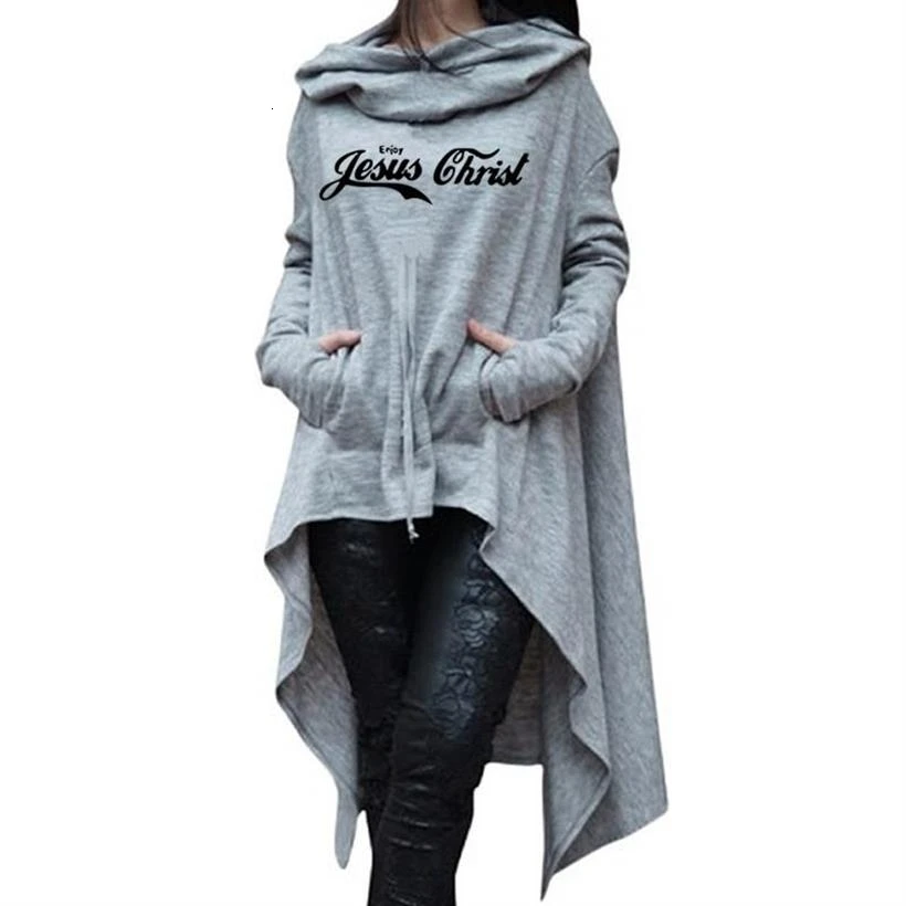 

Bible Faith Hoodies For Women Long Irregular Jesus Christ Letters Print Kawaii Sweatshirt Woman Casual Plus Size Hoody Cotton