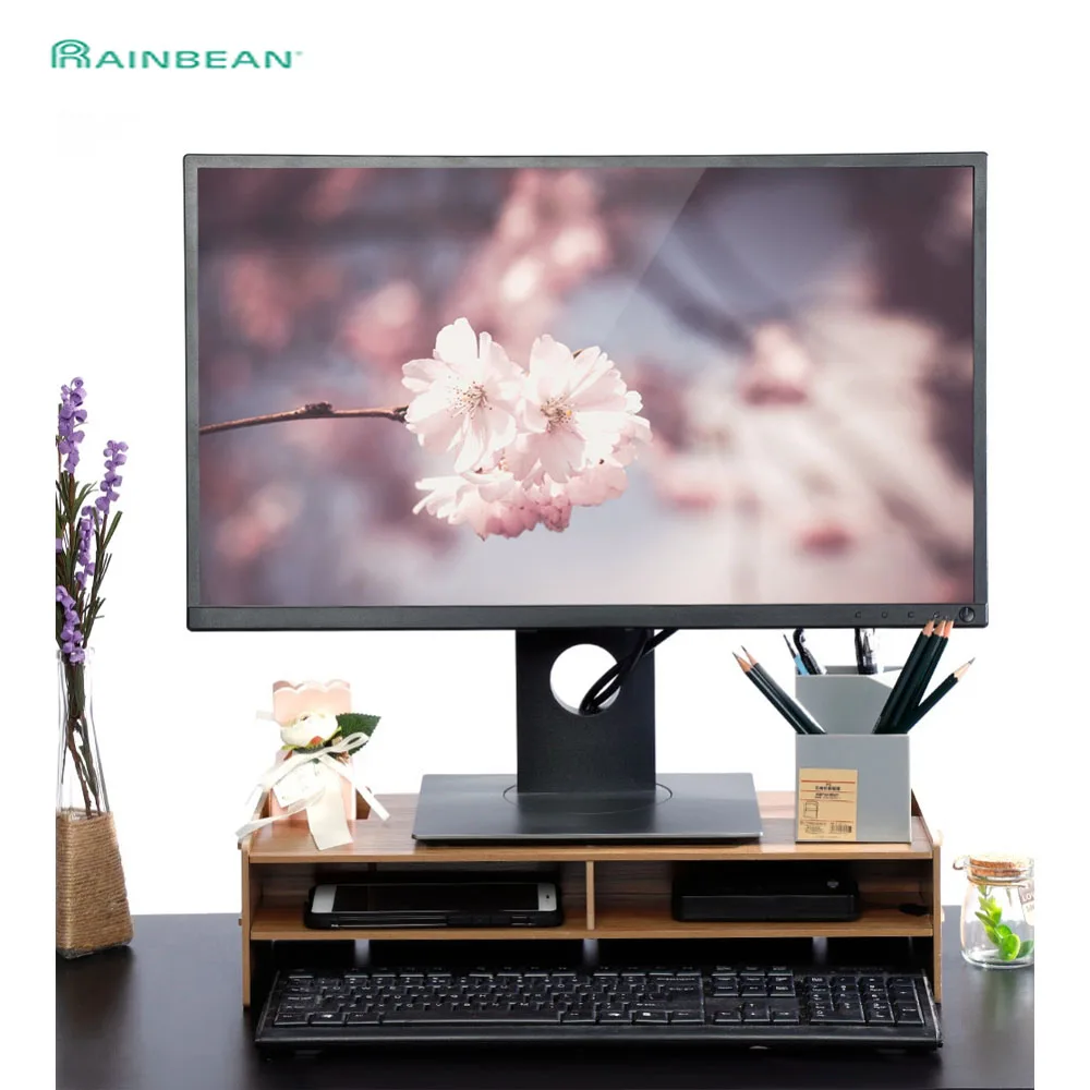 

Wooden Computer Monitor Organizer Escritorio TV PC Stand Keyboard Holder Office Desk Organizer Home Desk Storage Box Case
