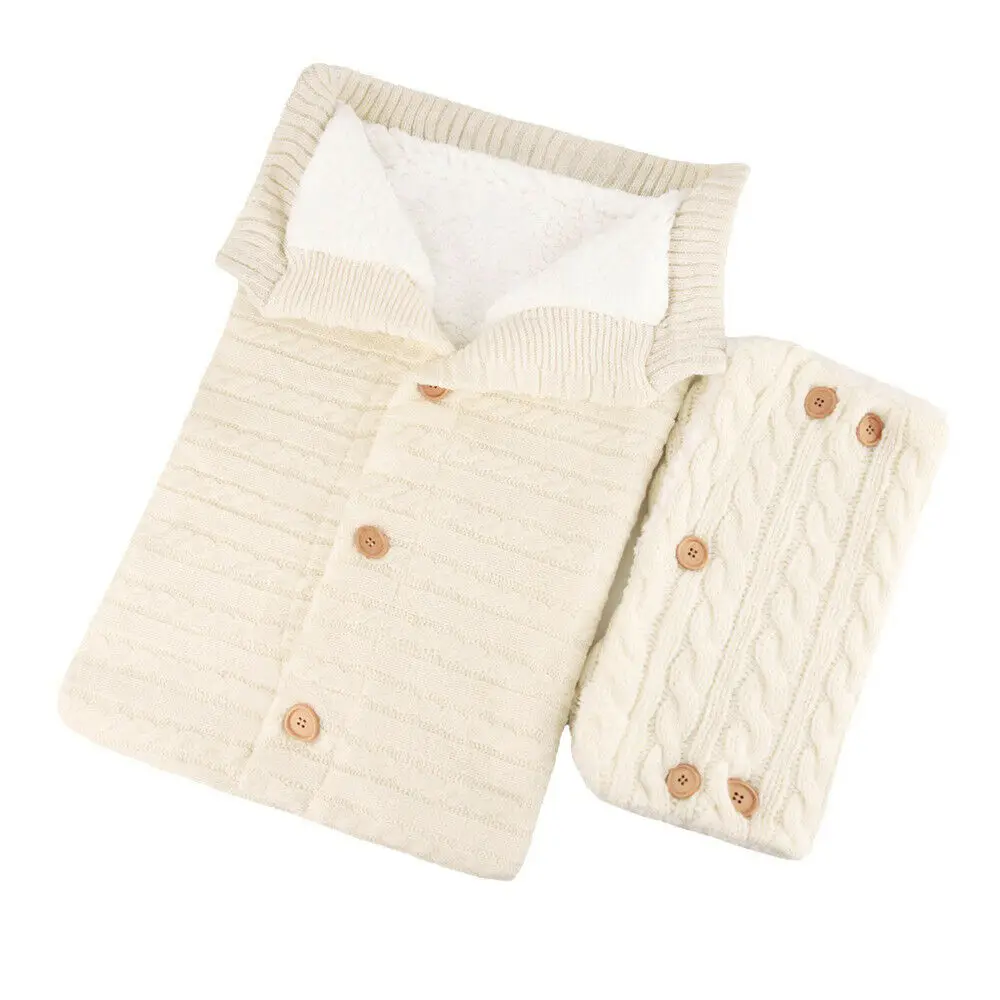 Теплое одеяло для новорожденных, пеленка для малышей, вязаный спальный мешок+ перила для коляски, комплект из 2 предметов, Детские теплые мягкие плюшевые спальные мешки - Цвет: Белый
