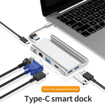 

Data Transmission Dock Station USB Type C Hub HDMI 4K Converter Bracket Adapter Splitter Extension VGA Multi Ports 7 In 1 PD