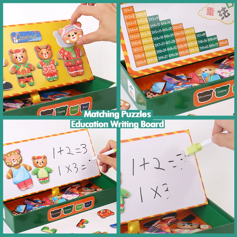 Christmas Bear Family Dress-Up Wooden Puzzles Toys Magnetic Jigsaw Change Clothes Sorting Matching Game Children Montessori Toys 4