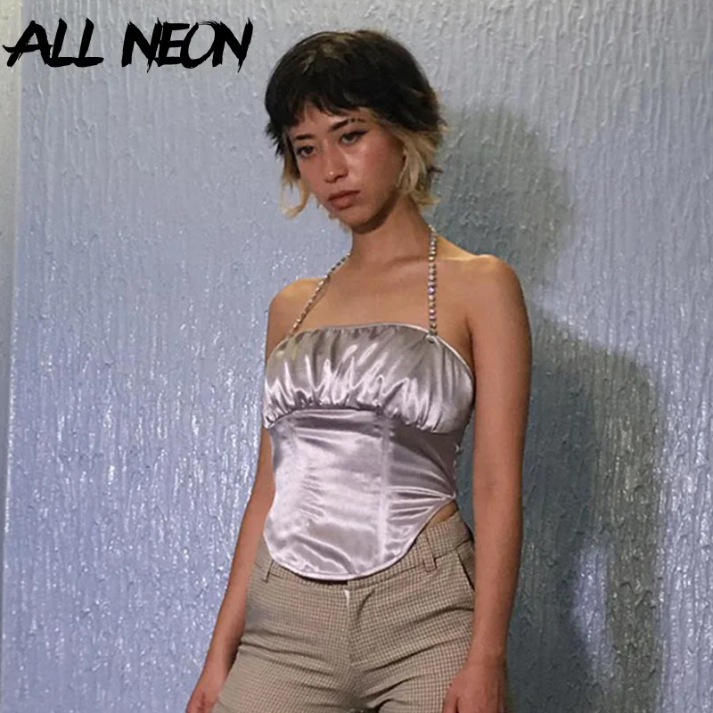 

ALLNeon Halter Tops Stain Backless Cropped Tops Skinny Summer Tops Fashion Sexy Tops E-girl Outfits Chic Y2K Camis Streetwear