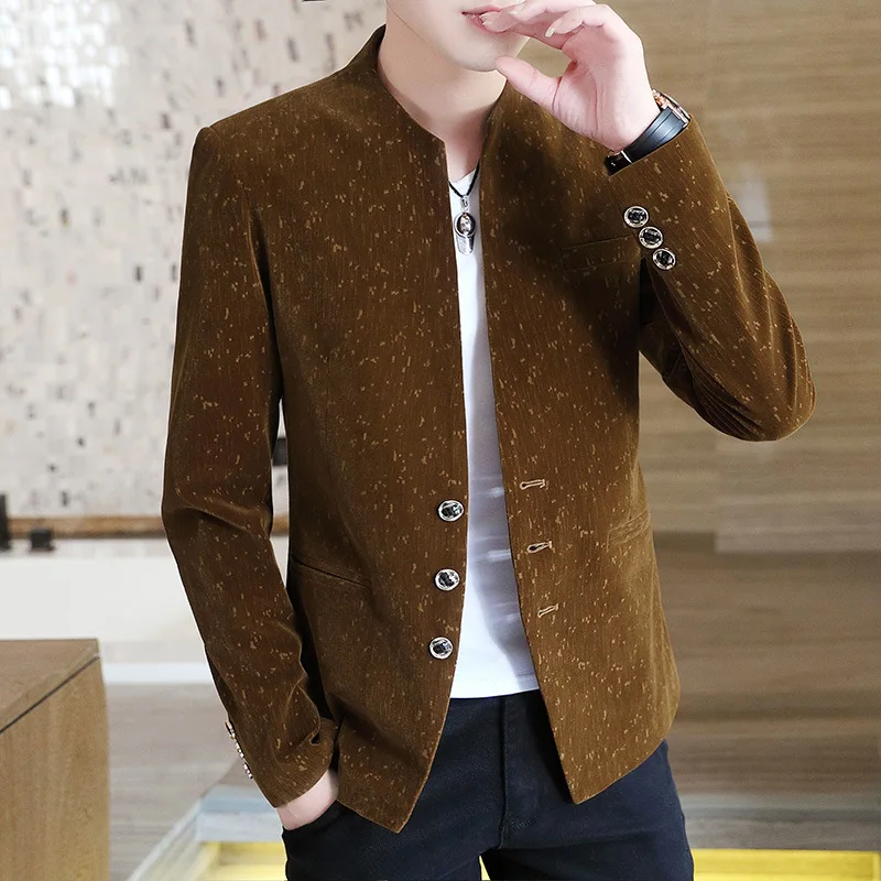 Giacca da uomo Casual in velluto con colletto alla coreana 2021 giacca da  uomo Jacquard multi-bottone Cool aderente - AliExpress Men's Clothing