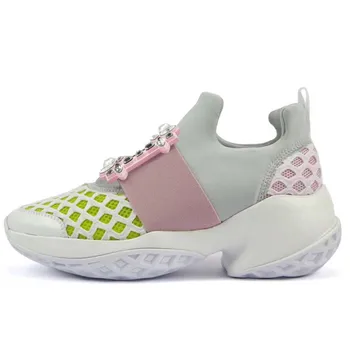 

2020 Woman New Round Toe Mesh Grid Height Increasing Casual Shoe Fashion Slip On Loafers Crystal Buckle Decorations Flat Shoes