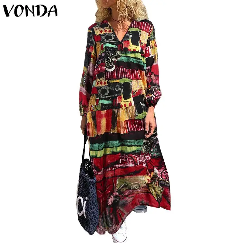 VONDA, женское винтажное платье с принтом для беременных, с длинным рукавом, v-образный вырез, богемные макси платья, повседневное, свободное, праздничное, Пляжное, Vestidos