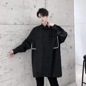 

Male Streetwear Vintage Fashion Loose Hip Hop Shirts Men's Pocket Black Gray Long Sleeve Casual Shirt