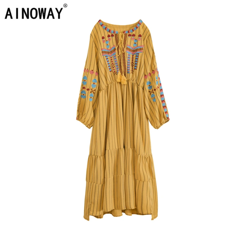 

Vintage chic women embroidery tassel long sleeve beach Bohemian midi dress Ladies linen cotton o-neck Boho dress vestidos