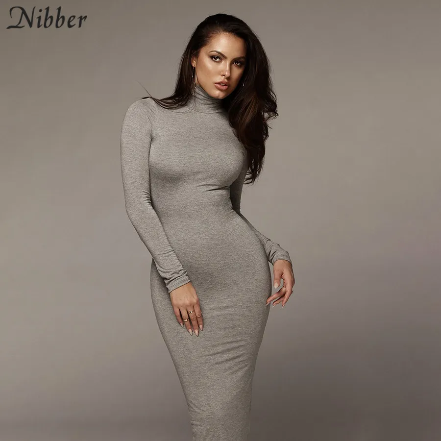 NIBBER, осенне-зимнее женское однотонное тонкое мягкое платье, платья с высоким воротом, женское элегантное облегающее длинное платье с рукавами-крылышками