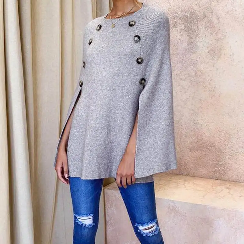 

Autumn Fashion Cloak Cape Sweater Women Casual Solid O Neck Pullover Elegant Work Office Pull Knitted Poncho Femme Knit Tops