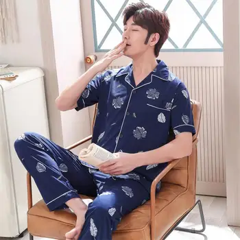 

Men Pajamas Short Sleeve Trousers Pure Cotton Summer Tracksuit Pajamas Men's Thin Type for Spring and Summer Cotton-Half Sleeve