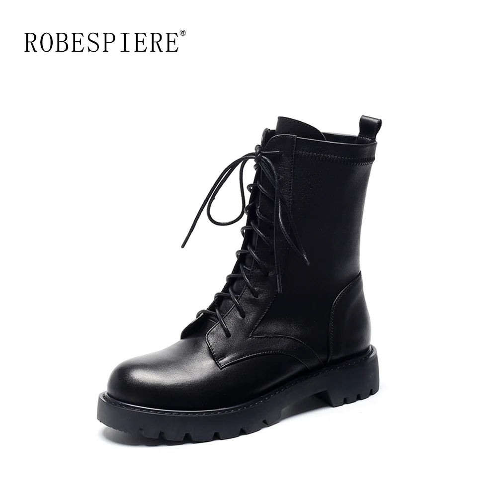 

ROBESPIERE New Round Toe Ankle Boots Top Quality Cow Leaher Waterproof Warm Snow Boots Zipper Lace-Up Platform Women's Shoes B6