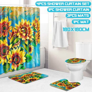 

Sunflower Pattern Shower Curtain set Toilet Cover Rug Carpets Non-slip Kitchen Bath Mat Wooden Board Bathroom Set Decoration
