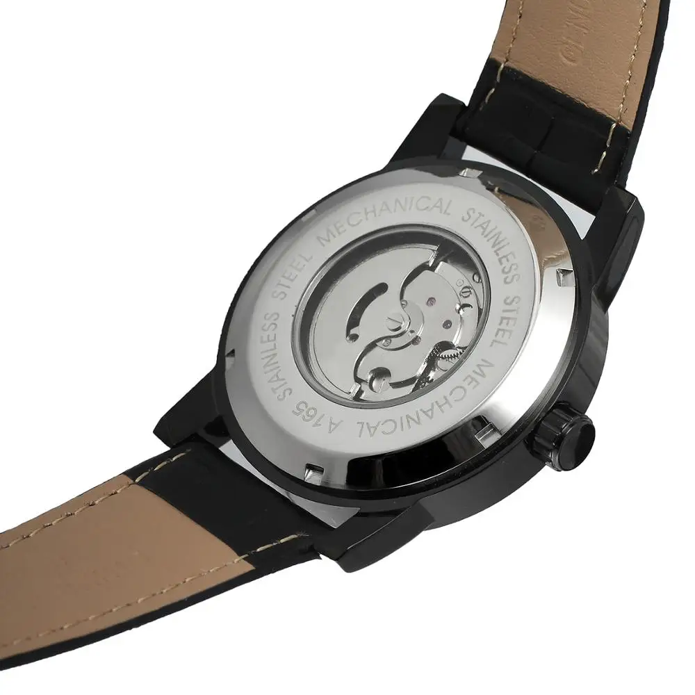 FORSINING Брендовые мужские деловые часы с кожаным ремешком, роскошные повседневные мужские автоматические черные часы, мужские наручные часы с датой