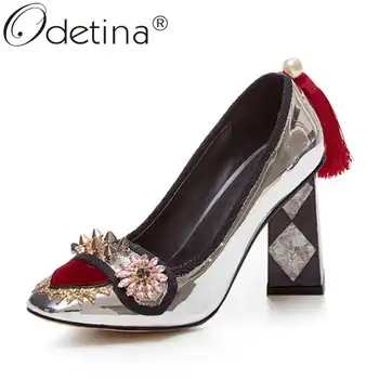 

Odetina Women Rivet Block Extreme High Heel Plaid Square Toe Ladies New Heart-Shaped Crystal Slip On Patent Leather Party Shoes