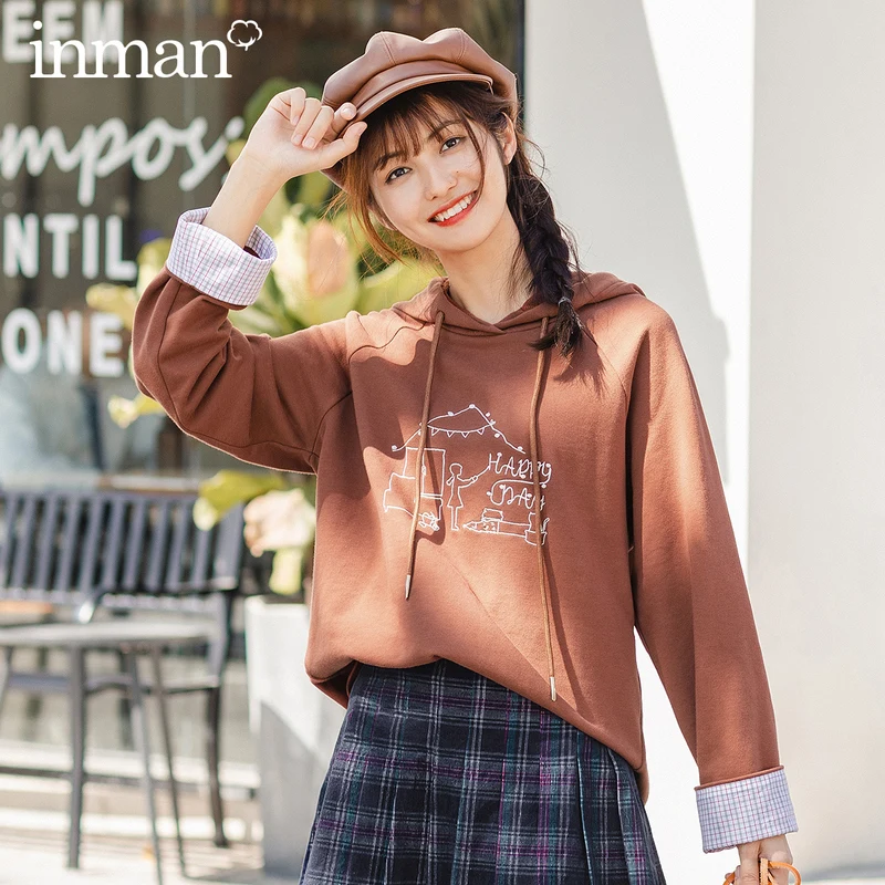 

INMAN Winter Hooded Drawstring Embroidered Long Sleeve Hemming Loose All-match Sweatshirt