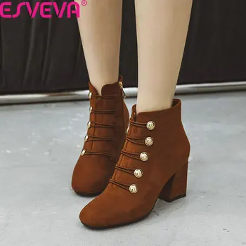 

ESVEVA 2020 Elastic Band Square High Heel Casual Ankle Boots Autumn Winter Square Toe Flock Zipper Women Shoes Big Size 34-43
