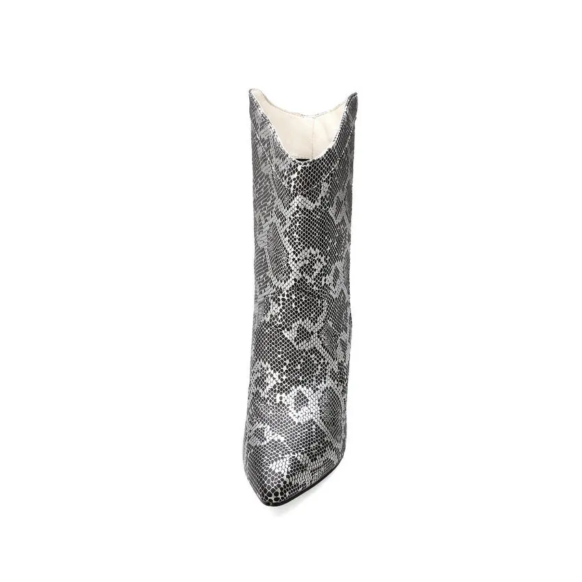 ESVEVA New Autumn Winter PU Leather Snakeskin Thin High Heel Mid Calf Boots Sexy Pointed Toe Slip on Women Shoes Size 34-43