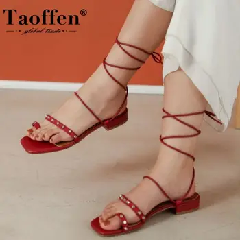 

Taoffen Women Sandals Shoes High-Quality Genuine Leather Shoes Women Square Heels Rivets New Design Lace Footwear Size 33-41