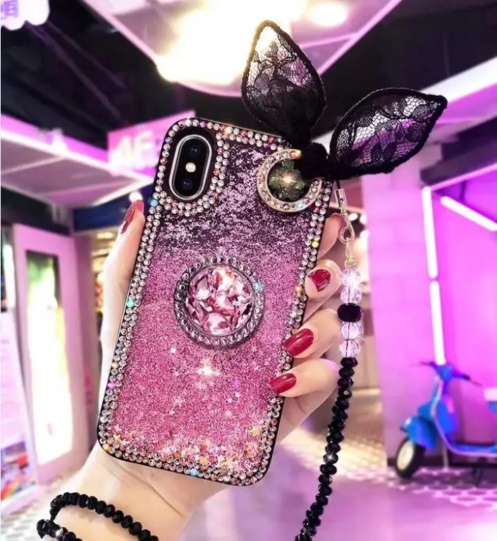 

Luxury Bling Liquid Quicksand Diamond Stands Holders Phone Case For iphone X XS MAX XR 6 6S PLUS 7 8 PLUS Rabbit Ear Case Cover