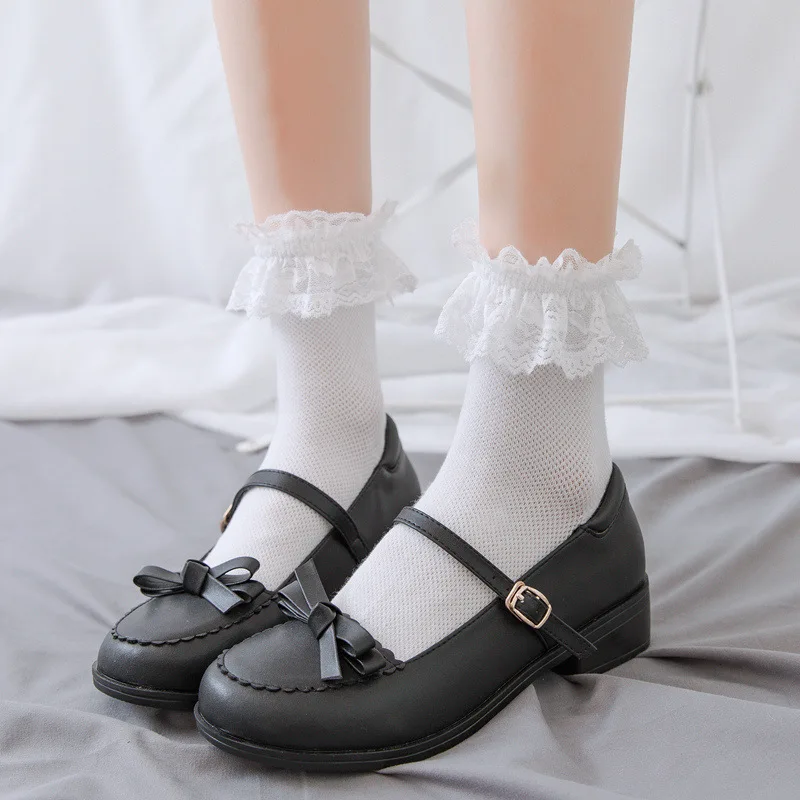 Women Lace Mesh Black White Cotton Socks Lolita Style Japanese Maiden Lovely Short Socks Harajuku Frilly Ruffle Princess Socks