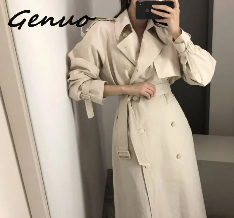 

Genuo New Style Overcoats Women Spring Windbreaker Pure Color Female Autumn Chic Double-breasted Long Trench Coat Slim Outwear