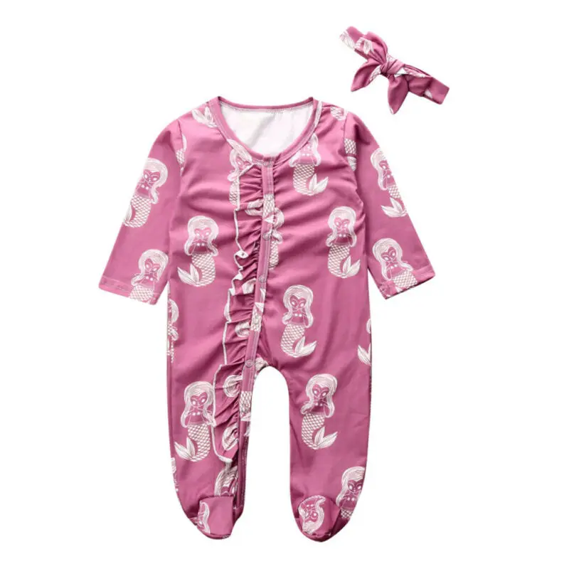 Одежда для новорожденных девочек осенний теплый комбинезон с длинными рукавами и рюшами с принтом русалки+ повязка на голову, комплект из 2 предметов, милая детская одежда