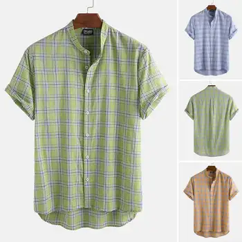 

2020 Summer Men Plaid Shirt Brand Casual Stand Collar Harajuku Buttons Short Sleeve Beach Hawaiian Shirts Mens Camisa Streetwear