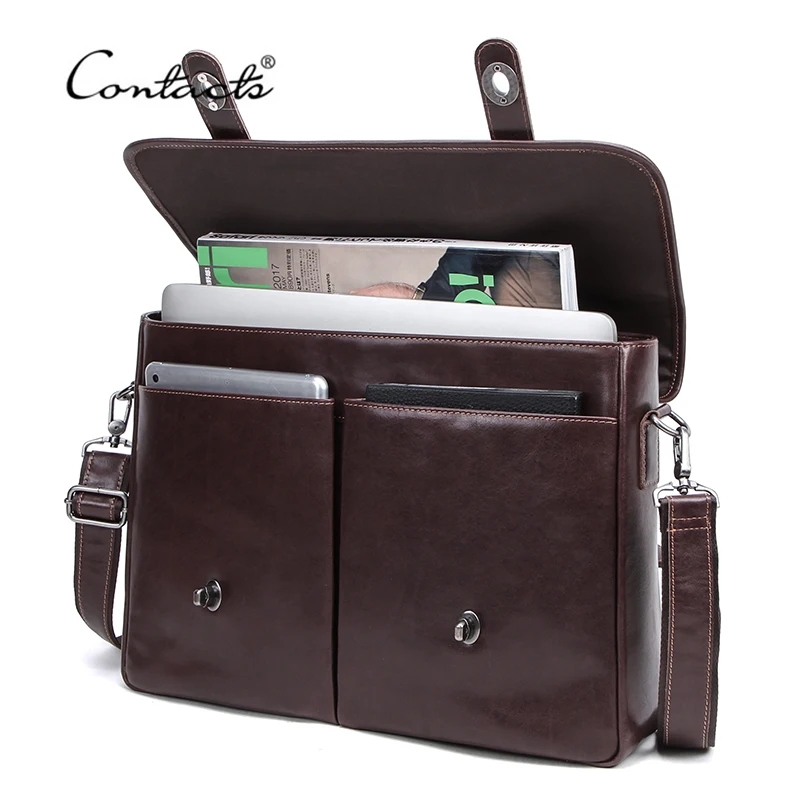 

CONTACT'S Business Men Handbag 100% Genuine Leather Briefcases Man Messenger Shoulder Bags for 15.4" Laptop Quality Portafolio