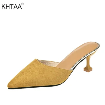 

Women Summer High Heels Slipper Mules Ladies Suede Outdoor Fashion Poin Ted Sandals Heels Woman Casual Female Shoes 2020 New