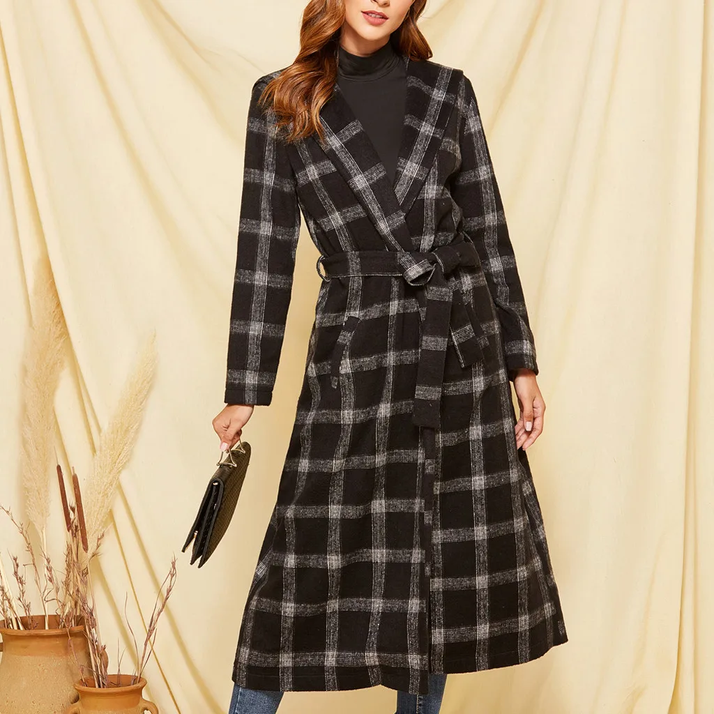 Fashion Winter Coat Women Ladies Sashes Plaid Long Cardigan Camouflage Long Sleeve Coat Outerwear Wool Coat пальто женское Z4