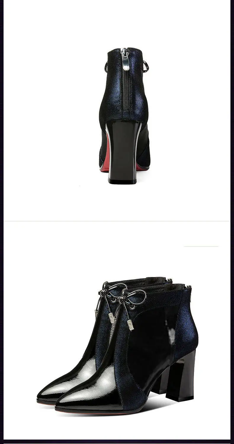 Ботинки martin на Высоком толстом каблуке в британском стиле; женские зимние ботильоны с острым носком; цвет красный, синий; Лоскутная обувь из лакированной кожи; зимние ботинки челси